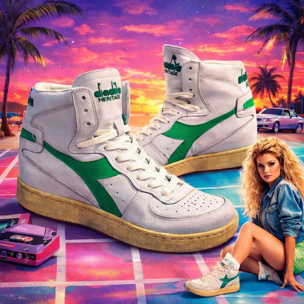 NEW Diadora Heritage 1984 High Top Sneakers Green and White